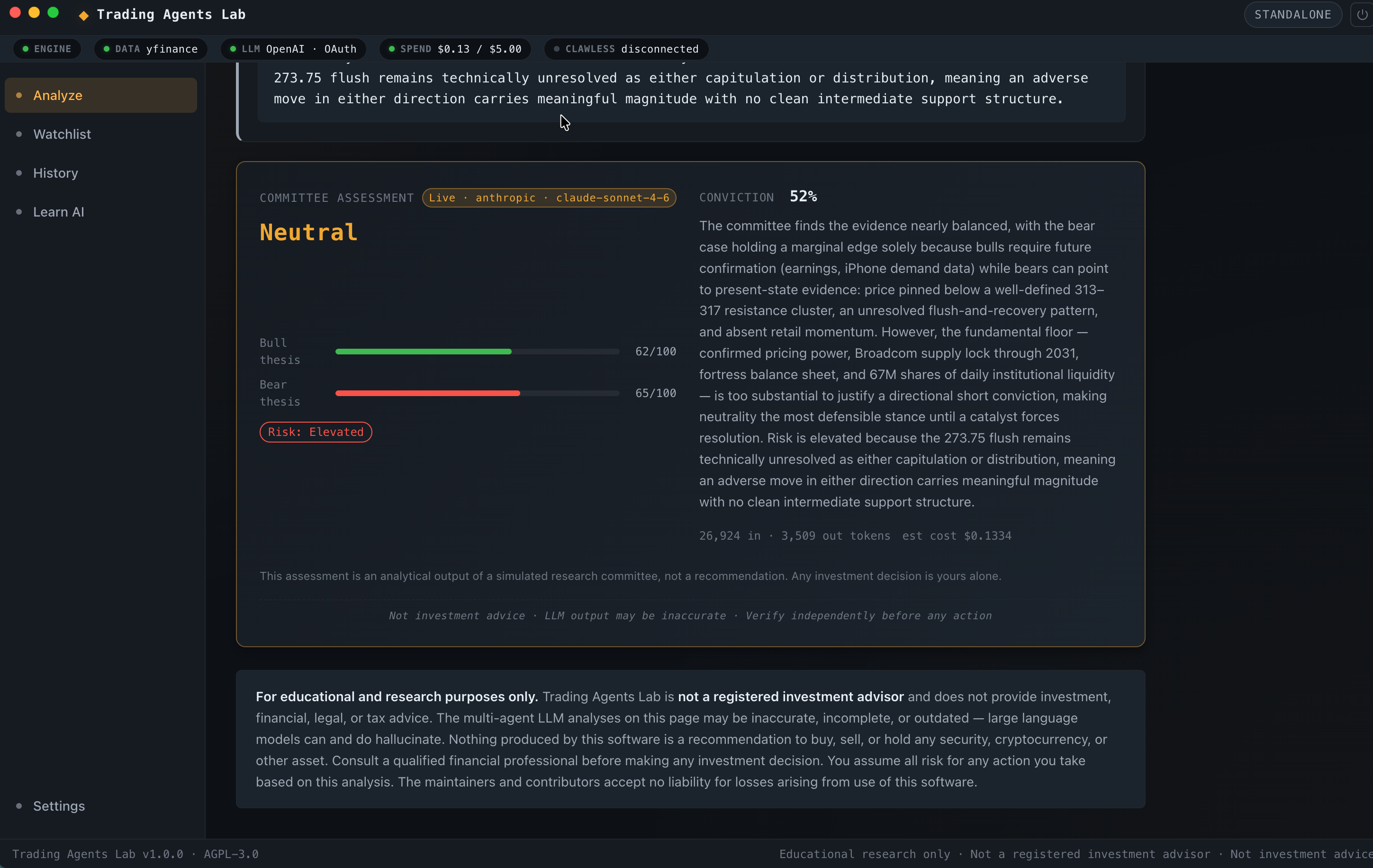 Committee Assessment card from a live Diligence run, showing a Neutral stance at 52% conviction, bull thesis 62 and bear thesis 65 out of 100, an elevated risk chip, the Portfolio Manager reasoning, and a not-a-recommendation disclaimer printed inline.