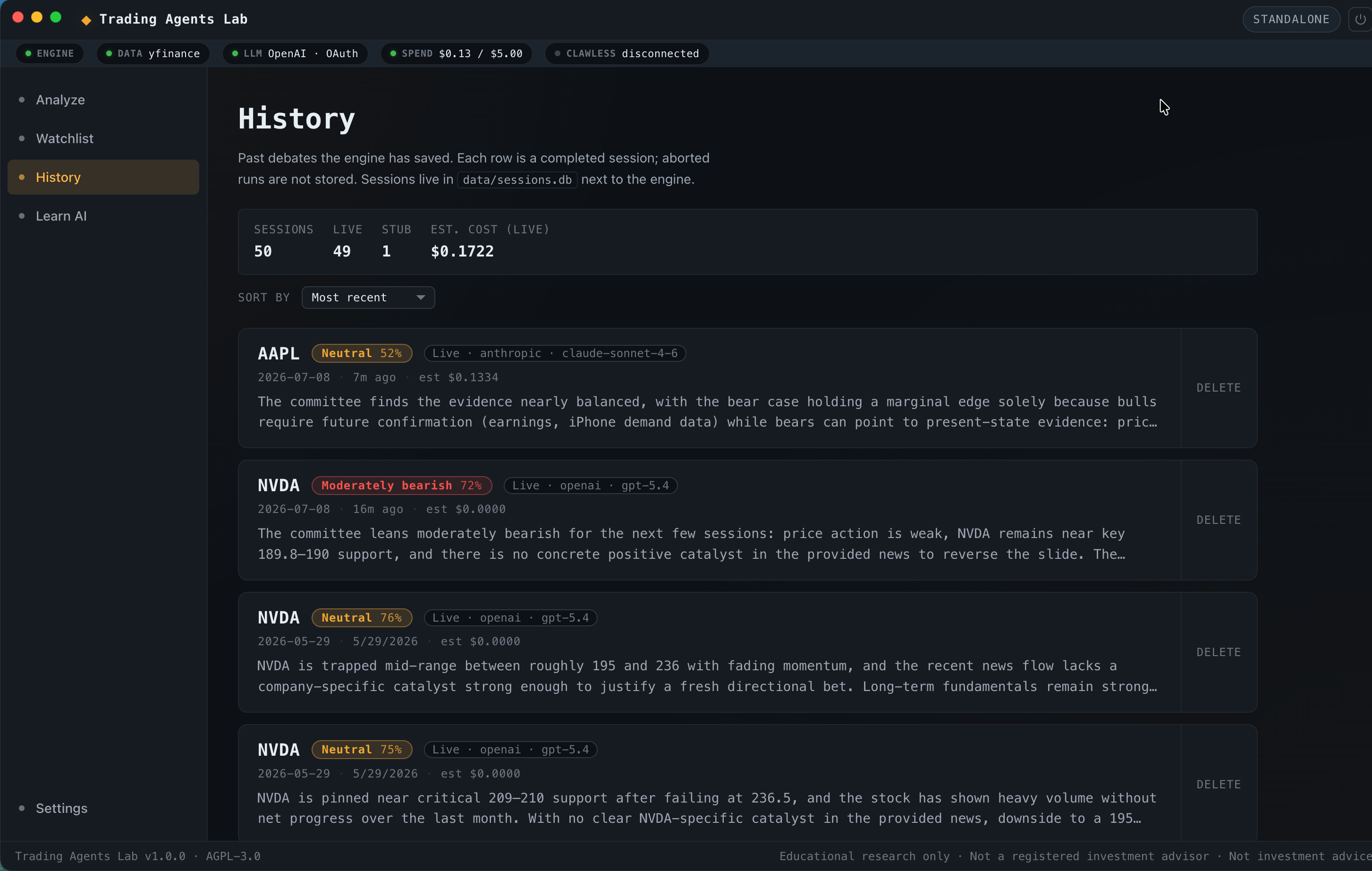 History page listing past Diligence runs with timestamps, tickers, stance pills such as Neutral and Moderately bearish with conviction percentages, and a sessions count card.